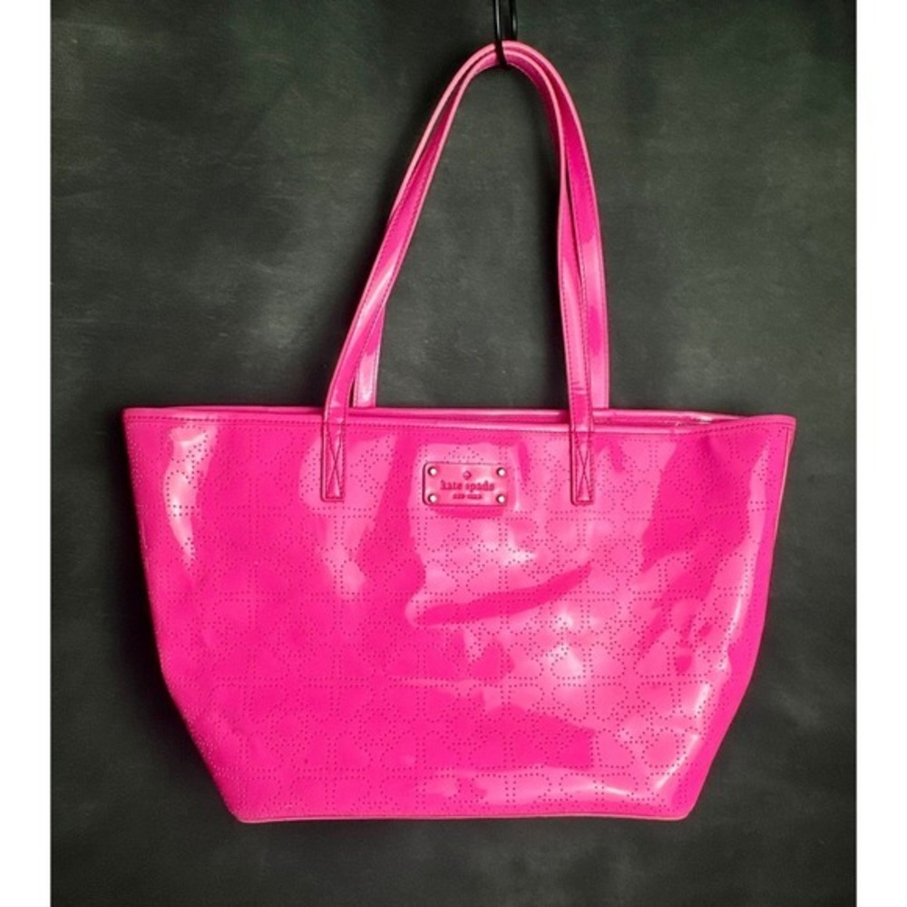 Kate Spade Pink Patent Leather Tote Bag Perforated Spade Logo Shoulder Bag Large